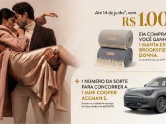 Casal elegante em pose romântica ao lado de informações sobre a Promoção de Namorados 2026 do DiamondMall, com prêmios de manta Brooksfield Donna e um Mini Cooper Aceman E.