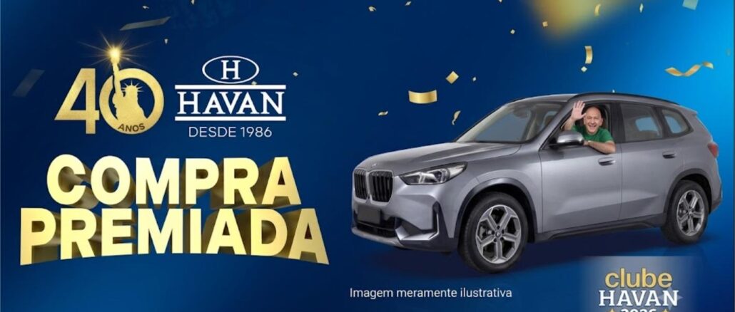 Banner promocional da campanha Compra Premiada Havan 40 Anos com fundo azul, confetes dourados, um SUV prata e o empresário Luciano Hang acenando.