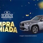 Banner promocional da campanha Compra Premiada Havan 40 Anos com fundo azul, confetes dourados, um SUV prata e o empresário Luciano Hang acenando.