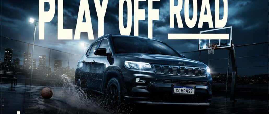 PROMOÇÃO JEEP TE LEVA PARA A NBA HOUSE Jeep Compass preto em quadra de basquete ao ar livre à noite, com a frase "Play Off Road" em destaque, uma bola de basquete ao chão e uma tabela de basquete ao fundo, na campanha Jeep patrocinador oficial da NBA.