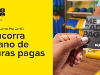 Peça publicitária da Promoção Lance Pra Cartão, do Mercado Pago em parceria com a Visa e a FIFA, com chamada para concorrer a 1 ano de faturas pagas.
