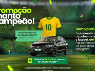 Anúncio da promoção da Zarp Carros Usados apresentando uma camisa oficial da seleção brasileira e um carro Volkswagen Polo preto em um estádio de futebol.