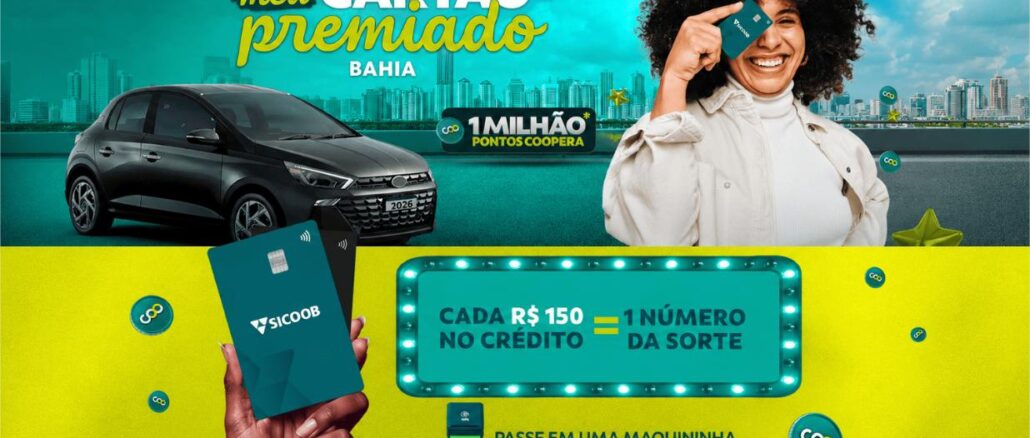 Anúncio da promoção Cartão Premiado Bahia do Sicoob apresentando um carro preto, uma mulher sorridente segurando um cartão e informações sobre sorteios de prêmios.