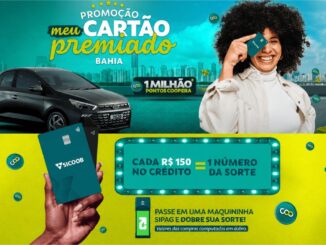 Anúncio da promoção Cartão Premiado Bahia do Sicoob apresentando um carro preto, uma mulher sorridente segurando um cartão e informações sobre sorteios de prêmios.