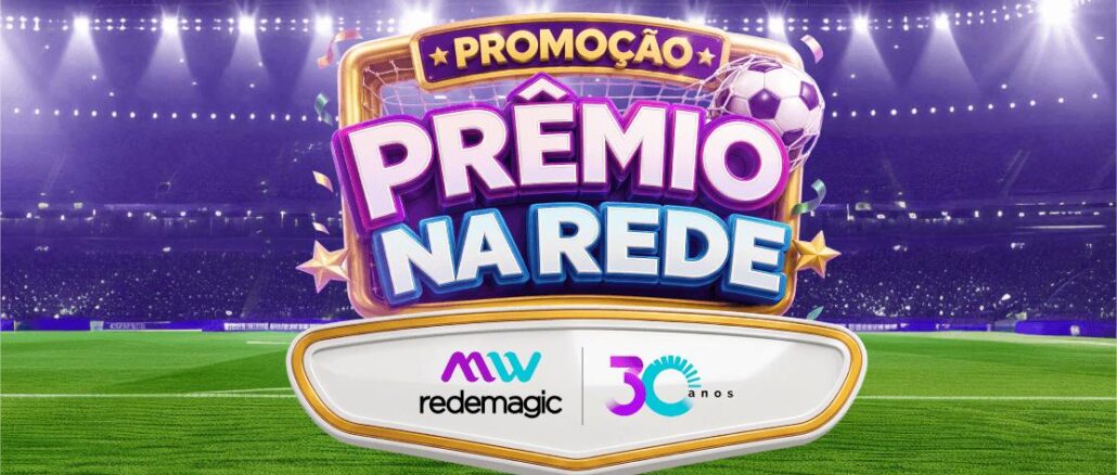 Arte promocional da campanha Prêmio na Rede da empresa MW Redemagic, apresentando temática de futebol em um estádio iluminado e selo de trinta anos.