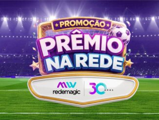 Arte promocional da campanha Prêmio na Rede da empresa MW Redemagic, apresentando temática de futebol em um estádio iluminado e selo de trinta anos.