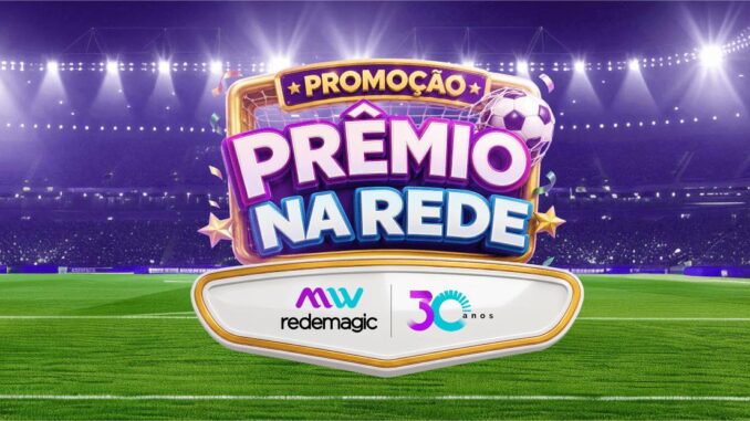 Arte promocional da campanha Prêmio na Rede da empresa MW Redemagic, apresentando temática de futebol em um estádio iluminado e selo de trinta anos.