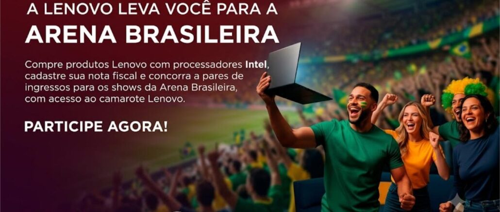 PROMOÇÃO RÁDIO DISNEY CAMAROTE LENOVO NO ARENA BRASILEIRA Peça publicitária da promoção Lenovo com Intel e Rádio Disney 91.3, convidando o consumidor a comprar produtos Lenovo com processadores Intel, cadastrar nota fiscal e concorrer a pares de ingressos com acesso ao camarote Lenovo na Arena Brasileira.
