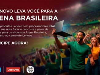Peça publicitária da promoção Lenovo com Intel e Rádio Disney 91.3, convidando o consumidor a comprar produtos Lenovo com processadores Intel, cadastrar nota fiscal e concorrer a pares de ingressos com acesso ao camarote Lenovo na Arena Brasileira.