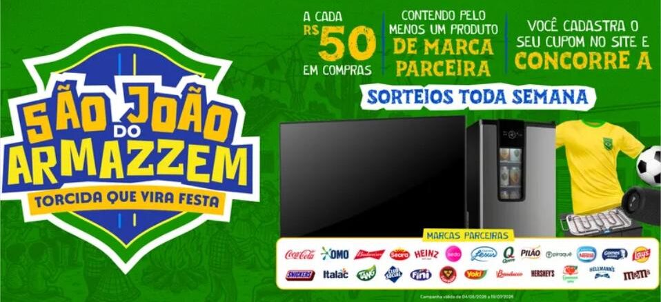 Banner promocional da campanha São João do Armazzem — Torcida que Vira Festa, com sorteios semanais para compras acima de R$50 com produtos de marcas parceiras, válida de 04/05/2026 a 19/07/2026.