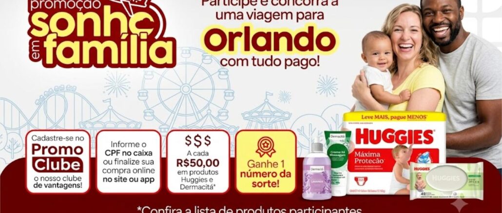 PROMOÇÃO SONHO EM FAMÍLIA PROMOFARMA Banner da Promoção Sonho em Família da Profarma, com prêmio de viagem para Orlando com tudo pago, produtos Huggies e Dermacitá participantes e instruções de participação via PromoCube.