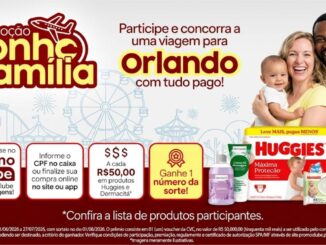 Banner da Promoção Sonho em Família da Profarma, com prêmio de viagem para Orlando com tudo pago, produtos Huggies e Dermacitá participantes e instruções de participação via PromoCube.