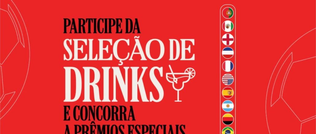 Promo Domina O Jogo Torcer Juntos Coca-Cola no Paraná Arte promocional vermelha da Coca-Cola para a campanha Torcer Juntos no Paraná, com o título Participe da Seleção de Drinks e Concorra a Prêmios Especiais, ícone de coquetel e faixa lateral com bandeiras de seleções de futebol e uma bola