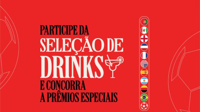 Arte promocional vermelha da Coca-Cola para a campanha Torcer Juntos no Paraná, com o título Participe da Seleção de Drinks e Concorra a Prêmios Especiais, ícone de coquetel e faixa lateral com bandeiras de seleções de futebol e uma bola