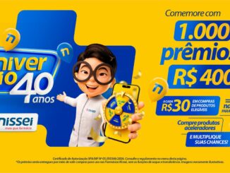 Banner publicitário de celebração dos 40 anos da farmácia Nissei com mascote em 3D, roleta digital no celular e anúncio de prêmios de R$400.