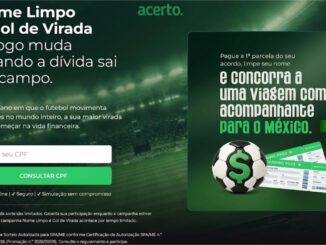 Banner da promoção Nome Limpo é Gol de Virada da Acerto, com prêmio de viagem para o México para quem pagar a 1ª parcela do acordo de dívida.