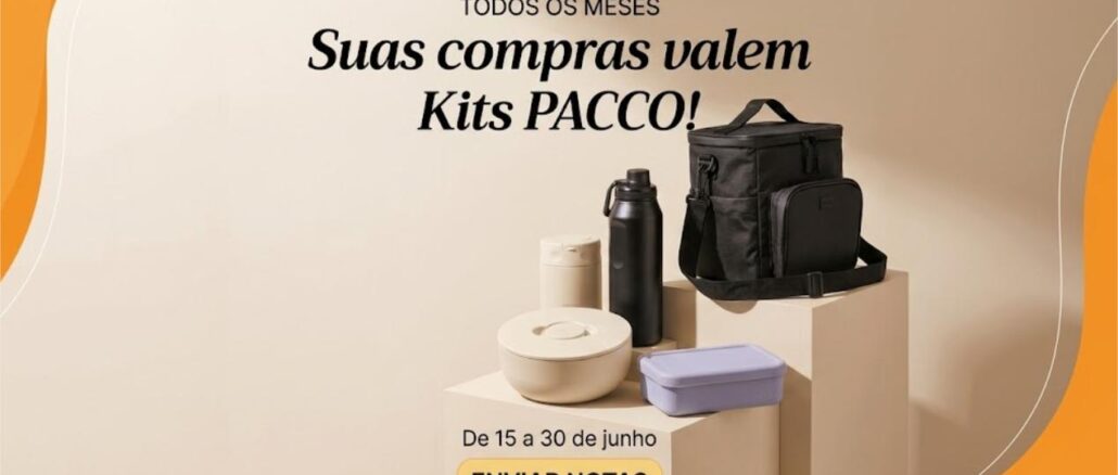 Anúncio do sorteio de Kits PACCO do Amazonas Shopping, com imagem de garrafa térmica, potes de comida e bolsa térmica sobre pedestais em tons de bege, válido de 15 a 30 de junho.