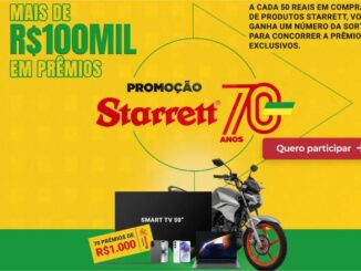Banner da Promoção Aniversário Starrett 70 Anos com prêmios de mais de R$100mil, incluindo moto, Smart TV 50 polegadas, notebooks e smartphones.