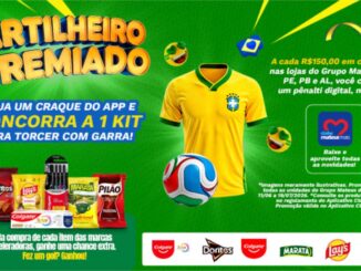 Banner da promoção Artilheiro Premiado do Grupo Mateus, com camisa da Seleção Brasileira, bola de futebol e kit de produtos parceiros, sobre fundo verde com elementos Copa do Mundo.