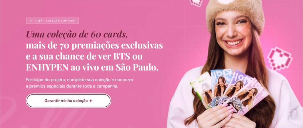 Jovem sorridente segurando cards da coleção Bolfee em fundo rosa, com texto sobre coleção limitada de 60 cards e chance de ver BTS ou ENHYPEN ao vivo em São Paulo.