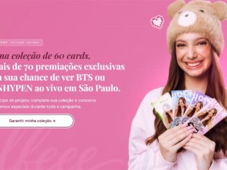Jovem sorridente segurando cards da coleção Bolfee em fundo rosa, com texto sobre coleção limitada de 60 cards e chance de ver BTS ou ENHYPEN ao vivo em São Paulo.