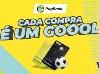 Peça publicitária da promoção Cada Compra é um Goool, com dois cartões PagBank Visa e uma bola de futebol sobre fundo amarelo.