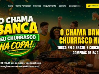 Banner promocional da campanha Chama Banca Seu Churrasco na Copa, do Chama Supermercados, com grupo de amigos celebrando ao redor de uma churrasqueira, vestindo camisetas da seleção brasileira, em cenário de estádio com iluminação verde e dourada.
