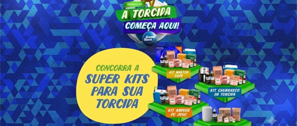 Banner promocional da campanha A Torcida Começa Aqui, do Goodbom Supermercados, com quatro kits de prêmios temáticos de churrasco e torcida dispostos em plataformas verdes sobre fundo azul com padrão geométrico.