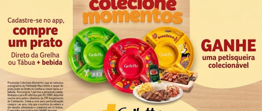 Promoção Colecione Momentos Griletto Banner da Promoção Colecione Momentos da Griletto, com três petisqueiras coloridas (verde, vermelha e amarela) ao redor de um prato com filé grelhado, arroz, farofa, vinagrete e batata frita, ao lado de um copo de chope e o logo Mais Griletto.