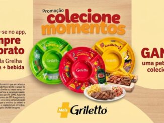 Banner da Promoção Colecione Momentos da Griletto, com três petisqueiras coloridas (verde, vermelha e amarela) ao redor de um prato com filé grelhado, arroz, farofa, vinagrete e batata frita, ao lado de um copo de chope e o logo Mais Griletto.