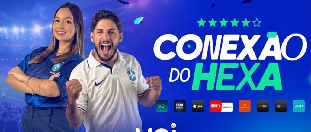 Promoção Conexão do Hexa 2026 da Uni Internet em Rondônia: dois jovens com a camisa da seleção brasileira celebram ao lado do logo da empresa e de ícones de serviços de streaming.