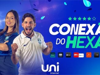 Promoção Conexão do Hexa 2026 da Uni Internet em Rondônia: dois jovens com a camisa da seleção brasileira celebram ao lado do logo da empresa e de ícones de serviços de streaming.