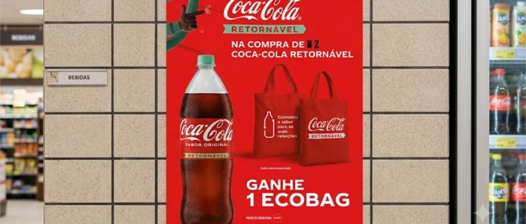 Cartaz promocional da Coca-Cola Retornável fixado na parede de um supermercado, anunciando que na compra de 2 unidades do refrigerante retornável o consumidor recebe 1 ecobag vermelha da marca.