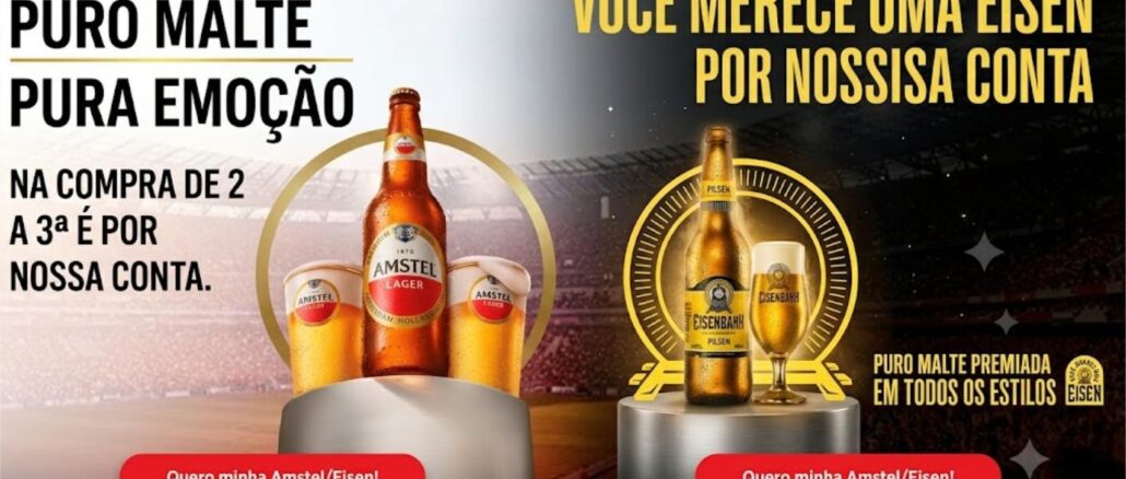 Publicidade das cervejas Amstel e Eisenbahn em cenário de estádio de futebol com oferta de uma unidade gratuita na compra de duas.