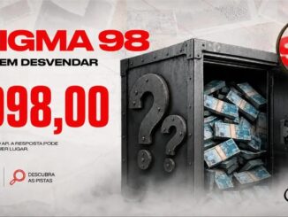 Arte da promoção Enigma 98 da rádio 98FM de Curitiba, com prêmio de R$9.998,00 para quem desvendar o enigma.