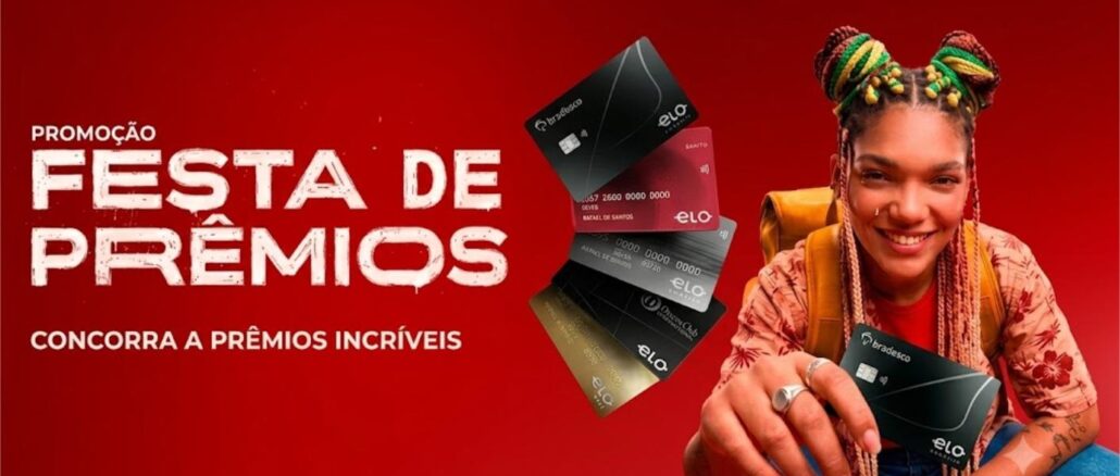 Banner da Promoção Festa de Prêmios do Cartão Bradesco Empresarial Elo, com prêmios de R$50.000,00 e R$5.000,00 em ouro e viagens.