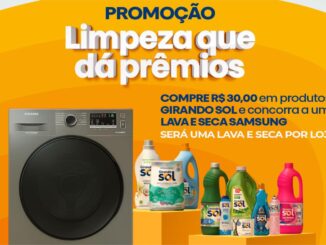 Peça publicitária da promoção Limpeza que dá Prêmios, das marcas Girando Sol e Mili na Rede Cooper, com prêmio de lava e seca Samsung.