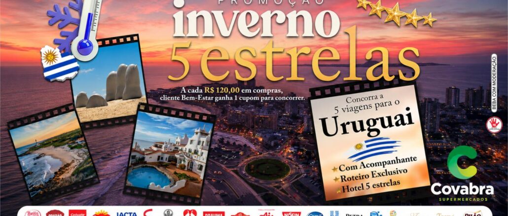 Banner da Promoção Inverno 5 Estrelas do Covabra Supermercados, com prêmio de 5 viagens para o Uruguai com acompanhante, roteiro exclusivo e hotel 5 estrelas, válida de 30/06 a 30/07/2026.