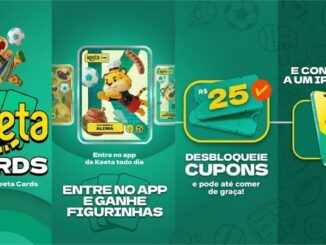 Anúncio da promoção Keeta Cards com mascote, figurinhas colecionáveis, cupons de R$25 e o sorteio de um iPhone 17.