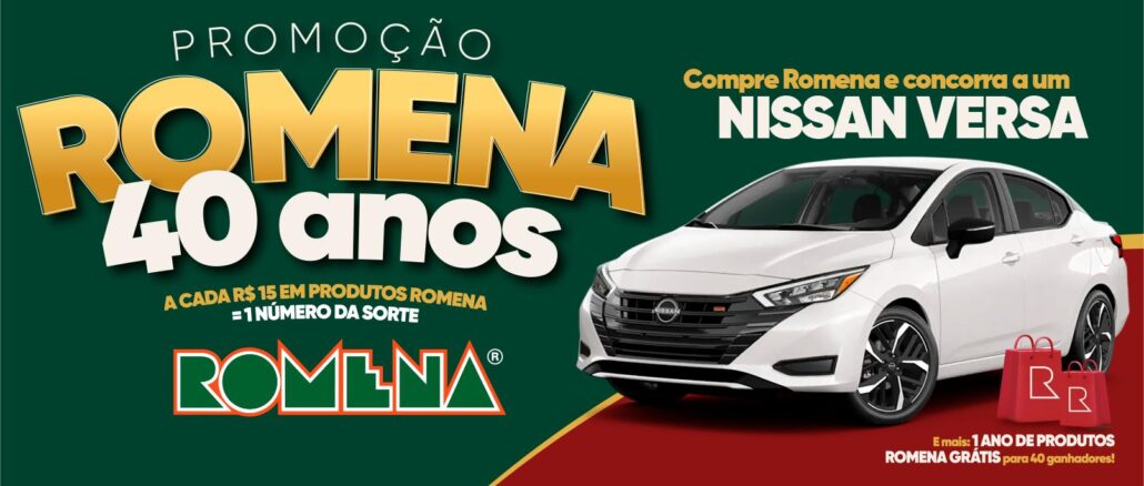 Promoção Massas Romena 40 anos Banner da Promoção Massas Romena 40 Anos com Nissan Versa branco e sacola comemorativa sobre fundo verde e vermelho.