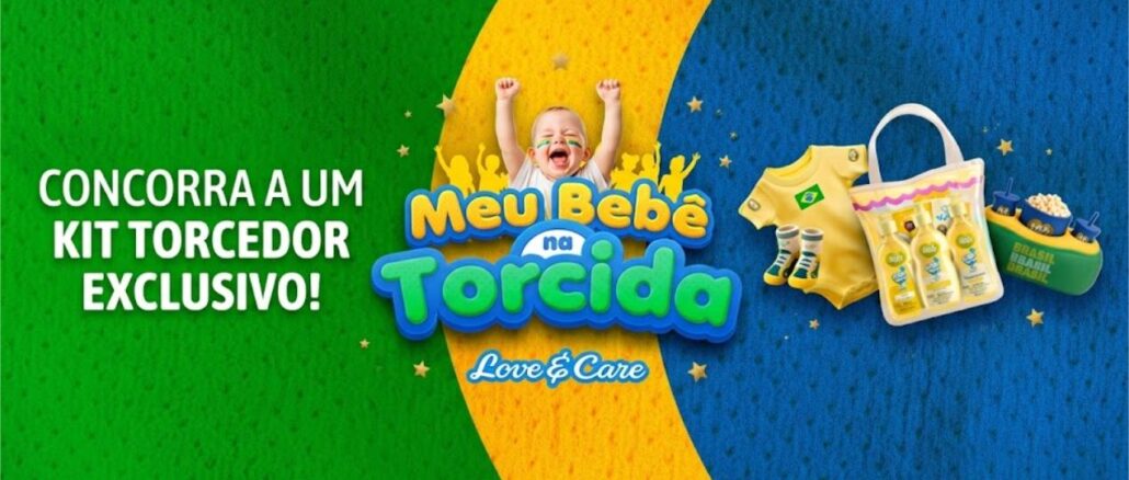 Promoção Meu Bebê na Torcida Mili Fraldas Banner da promoção Meu Bebê na Torcida Mili, em verde, amarelo e azul, com bebê torcedor sorrindo e kit de produtos Mili Love & Care ao lado, anunciando concorra a um kit torcedor exclusivo.