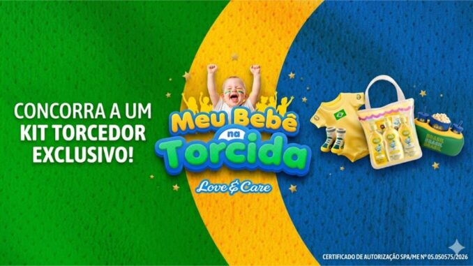Banner da promoção Meu Bebê na Torcida Mili, em verde, amarelo e azul, com bebê torcedor sorrindo e kit de produtos Mili Love & Care ao lado, anunciando concorra a um kit torcedor exclusivo.