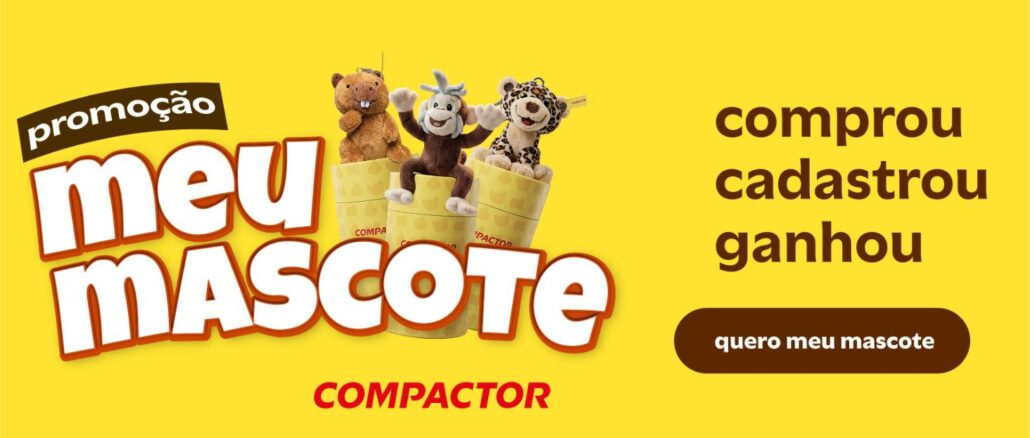 Promoção Meu Mascote Compactor Banner da Promoção Meu Mascote Compactor com três pelúcias de animais saindo de copos amarelos da marca sobre fundo amarelo.