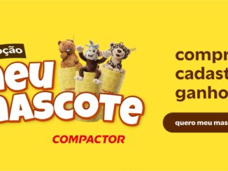 Banner da Promoção Meu Mascote Compactor com três pelúcias de animais saindo de copos amarelos da marca sobre fundo amarelo.