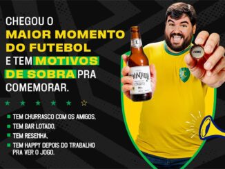 Homem sorridente com camisa amarela da seleção brasileira segurando uma garrafa de Cerveja Louvada Pilsen 355ml e uma tampa de garrafa com a hashtag #HONRE, ao lado do texto "Chegou o maior momento do futebol e tem motivos de sobra pra comemorar".
