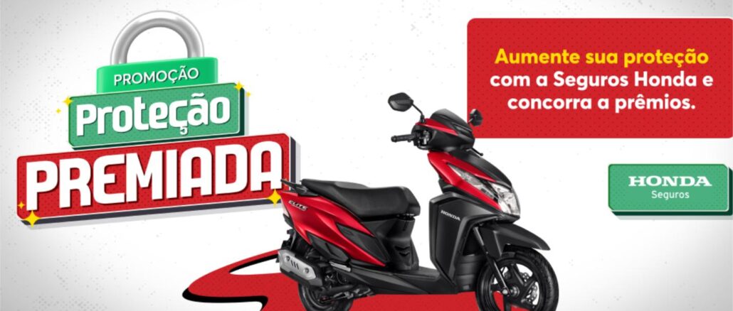 Banner da Promoção Proteção Premiada da Seguros Honda, com imagem de uma scooter Honda Elite vermelha e preta em destaque.