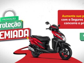 Banner da Promoção Proteção Premiada da Seguros Honda, com imagem de uma scooter Honda Elite vermelha e preta em destaque.