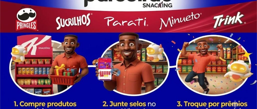 Arte promocional da Parceirão Snacking 2026 com as marcas Pringles, Sucrilhos, Parati, Minueto e Trink, explicando em três etapas como comerciantes podem comprar produtos, juntar selos e trocar por prêmios.