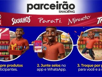 Arte promocional da Parceirão Snacking 2026 com as marcas Pringles, Sucrilhos, Parati, Minueto e Trink, explicando em três etapas como comerciantes podem comprar produtos, juntar selos e trocar por prêmios.