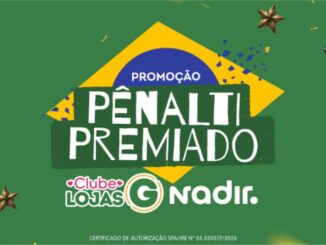 Arte promocional da campanha Pênalti Premiado do Clube Lojas G e Nadir, com certificado de autorização SPA/ME nº 05.050317/2026.
